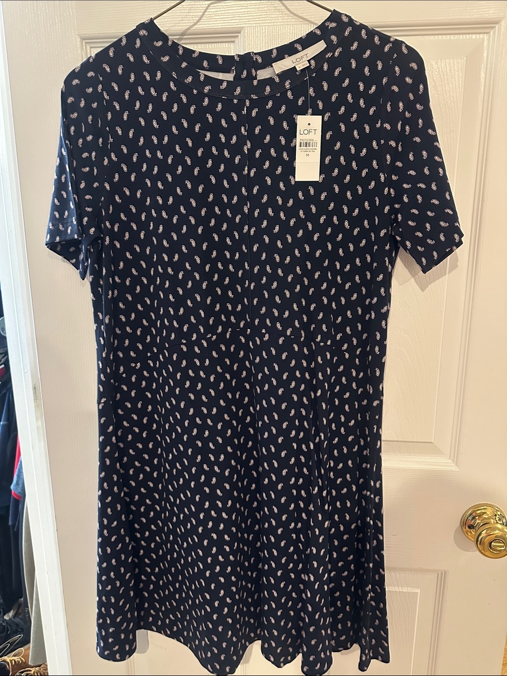 LOFT Navy Short-Sleeve Mini Dress with Light Pink Dot Print